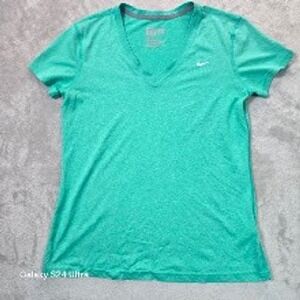 Nike Womens Dri-FIT V-Neck Short Sleeve T-Shirt Green Heathered Regular Fit M